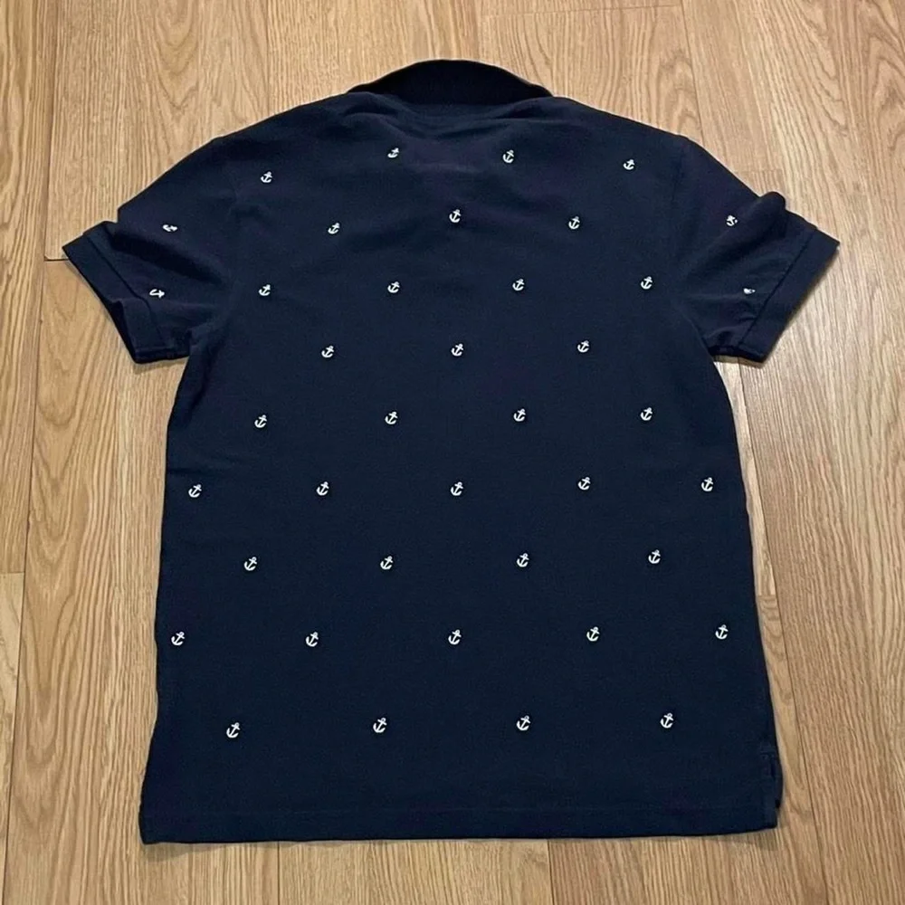 J.Crew Pique Polo Shirt Boys Small Anchor Print Slim Fit Short Sleeve Navy Blue